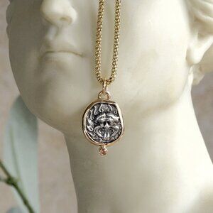 Ancient Gorgon Coin with Pink Sapphire Pendant / Charm - 14k Gold